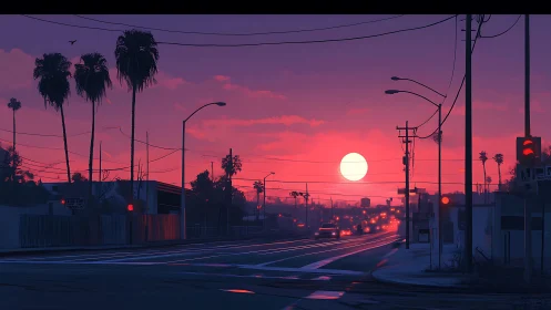 Glowing sunset settles gently over a quiet palm-lined road