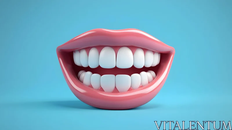 3D Illustration of Smiling Mouth with Perfect White Teeth on Blue.