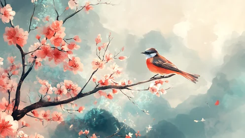 Spring songbird resting in soft painted cherry blossoms.