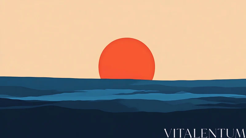 Minimalist ocean horizon with flat-shaded geometric sunset disk