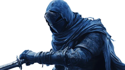 Hooded knight brandishes sword in icy blue armor silhouette.
