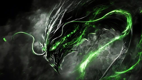 Spectral dragon head with luminous green energy streams