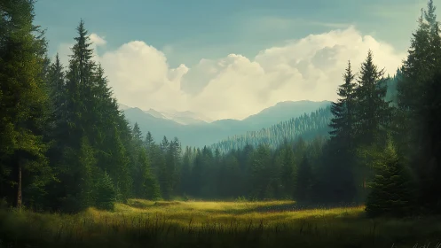 Mountain Valley with Evergreen Forest and Clearing.