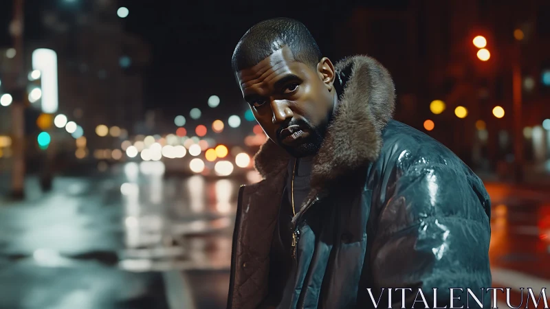 Man in heavy fur collar jacket on wet city street at night.