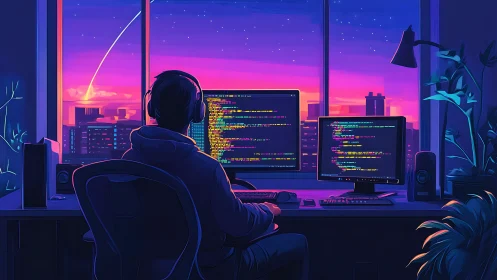 Coder at sunset window immersed in neon city dreams.