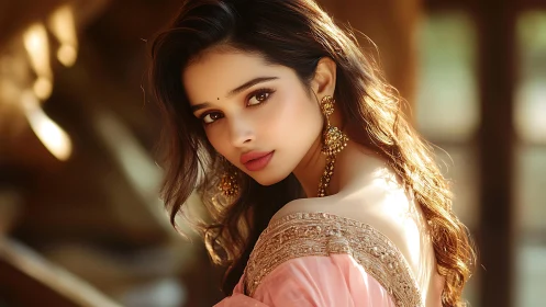 Photorealistic warm-portrait study with ornate ethnic detailing.