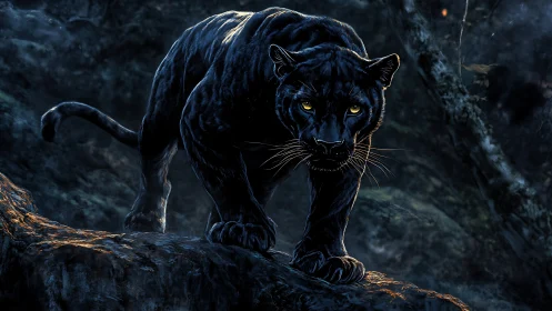 Black Panther Stalking Through Moonlit Stone Cavern