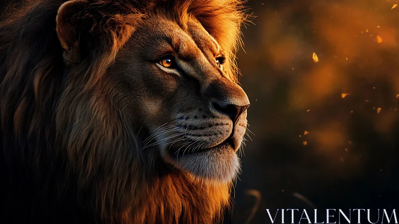 Male lion portrait in warm side light at golden hour.