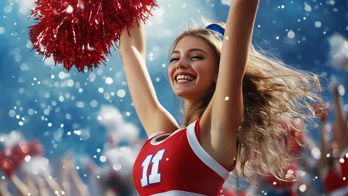 Smiling cheerleader celebrates victory under stadium lights