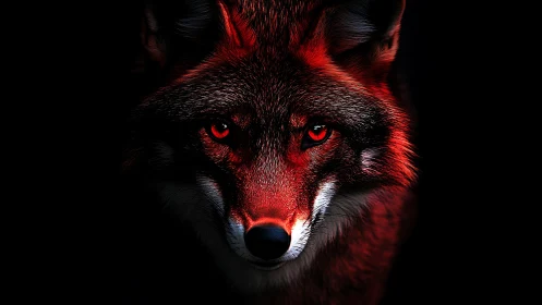 Crimson-lit fox portrait emerging from deep black void.