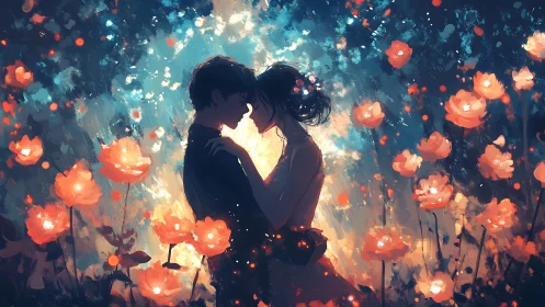 Luminescent Romance: Digital Painting of Embracing Couple Among Glowing Flowers.