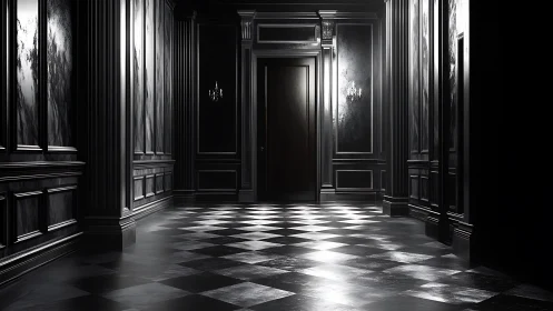 Midnight marble corridor with a quietly waiting doorway.