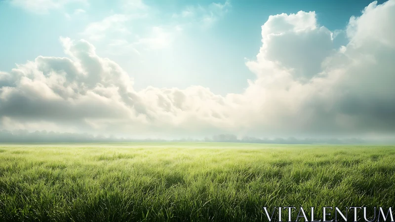 Morning clouds drift slowly above a glowing green meadow
