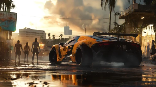 Widebody hypercar idles in wet urban alley under cinematic dusk