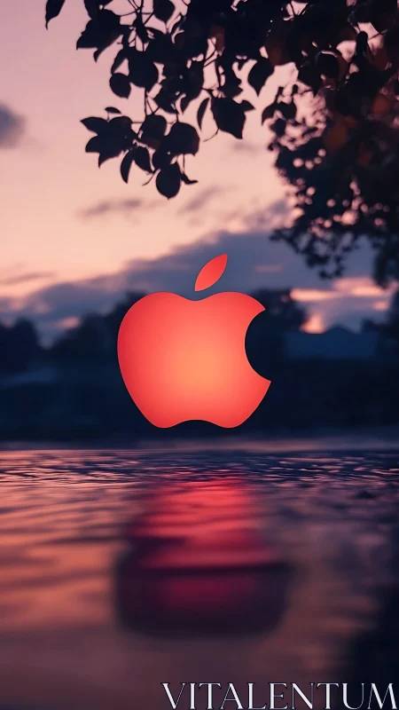 Glowing red apple logo over reflective sunset water.