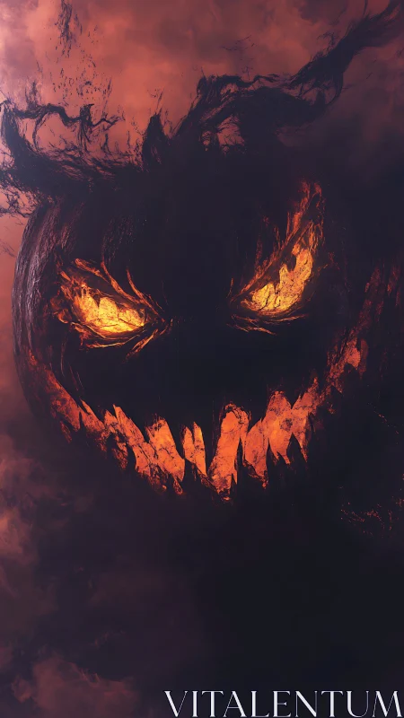 Fiery carved pumpkin face in dark atmospheric clouds.