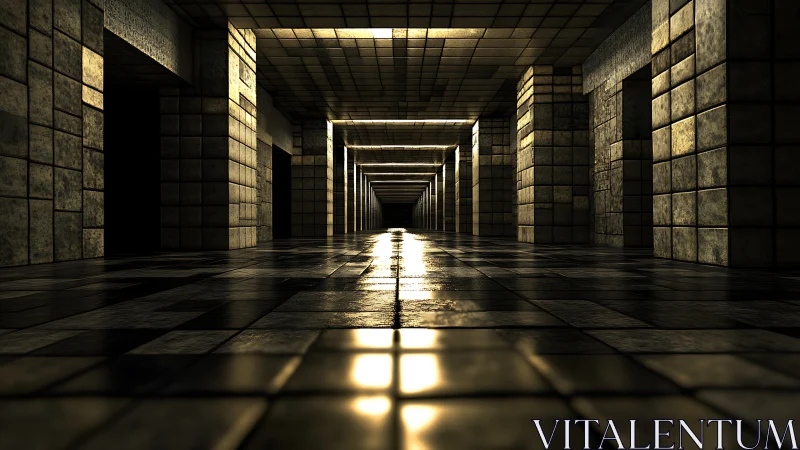 Endless tiled corridor under moody golden strip lights.