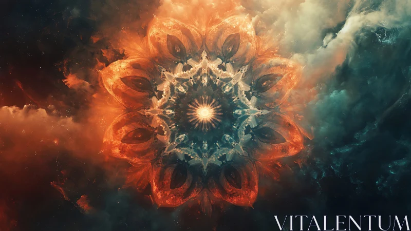 Celestial mandala blooms like a fiery nebula in space.