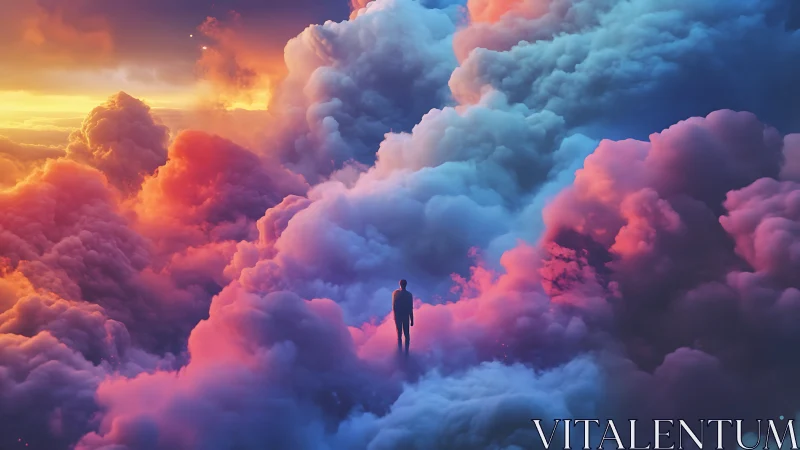 Solitary human silhouette in volumetric neon stratiform clouds.