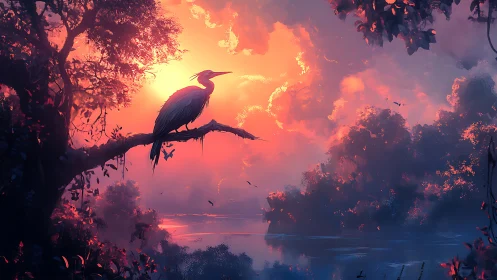 Heron on tree branch at vivid orange river sunset.