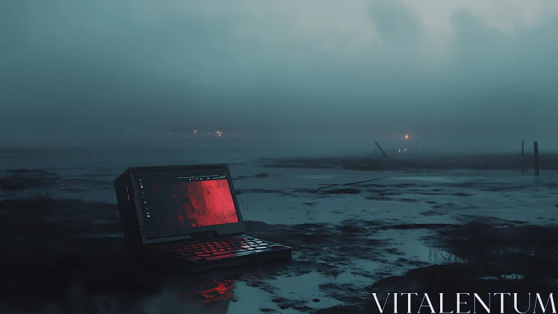 Laptop screen glows crimson in desolate foggy wetland.
