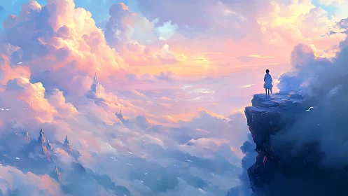 Solitary dreamer overlooks pastel cloud kingdoms at dawn