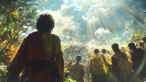 Crowd gathered under radiant sky with robed figures.