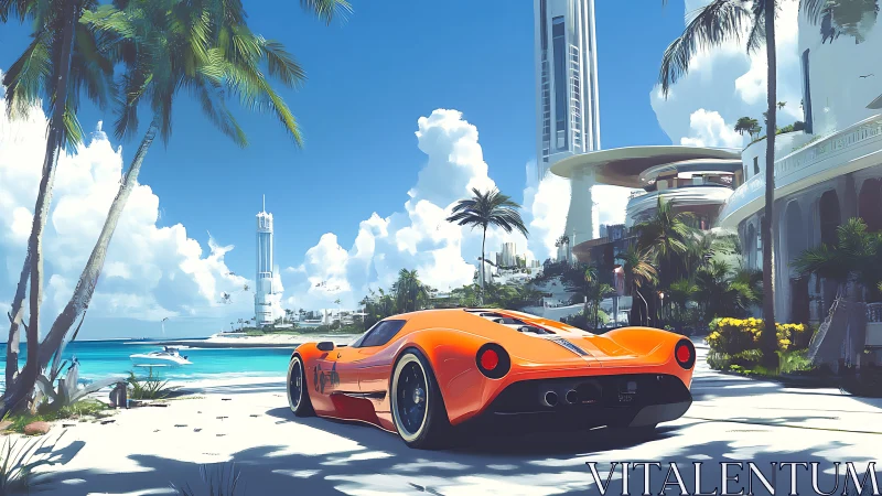 Sunlit hypercar lounging by a futuristic tropical marina.