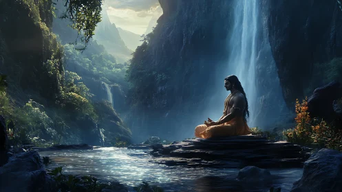 Waterfall silence crowns the meditating sage at dawn