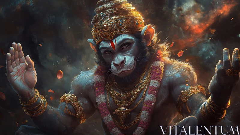 Divine simian deity portrait with ornate gold regalia and garland