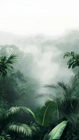 Misty rainforest valley with tropical palm vegetation.