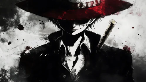 Stylized swordsman portrait rendered in high contrast ink