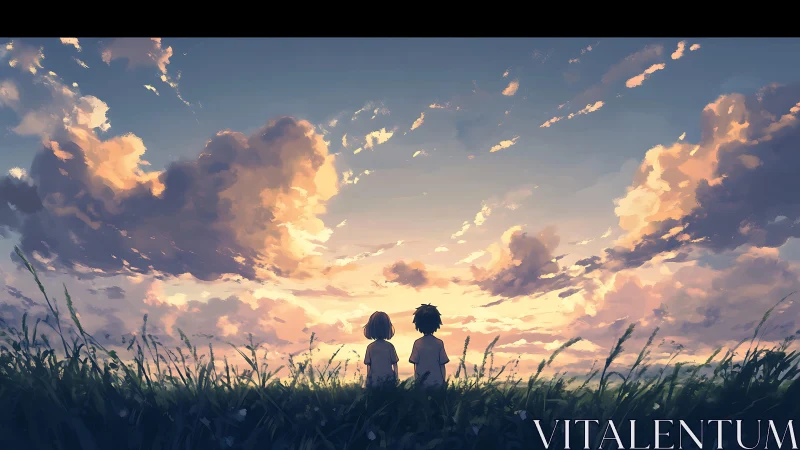 Two kids watch orange sunset clouds over open grass field.