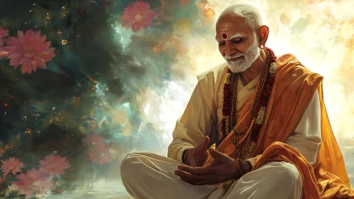 Digital painting of serene guru in lotus-lit ethereal space.