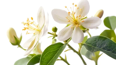Jasmine Blossoms with Golden Stamens and Green Foliage.