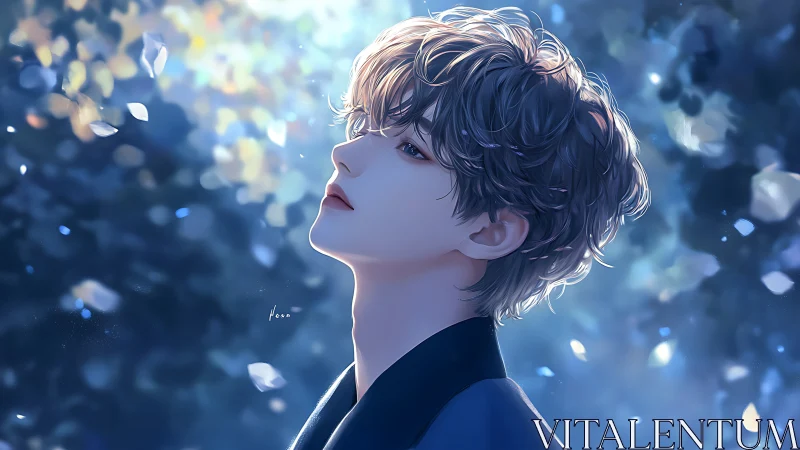 Moonlit youth gazes upward amid drifting luminous petals.