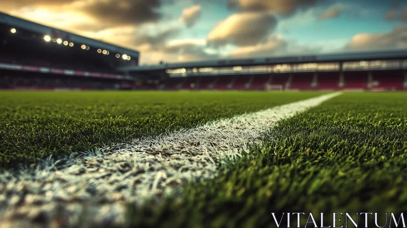 Sunlit soccer pitch line leads into a glowing stadium evening