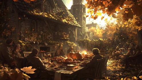 Autumn harvest feast at rustic cottage under golden leaves.