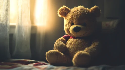Sunlit teddy bear waits in a quiet room of remembered days.
