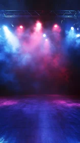 Colorful stage lights glowing over a misty empty floor.