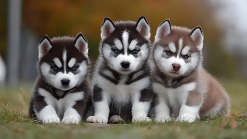 Tiny husky trio plotting mischief on an autumn lawn.