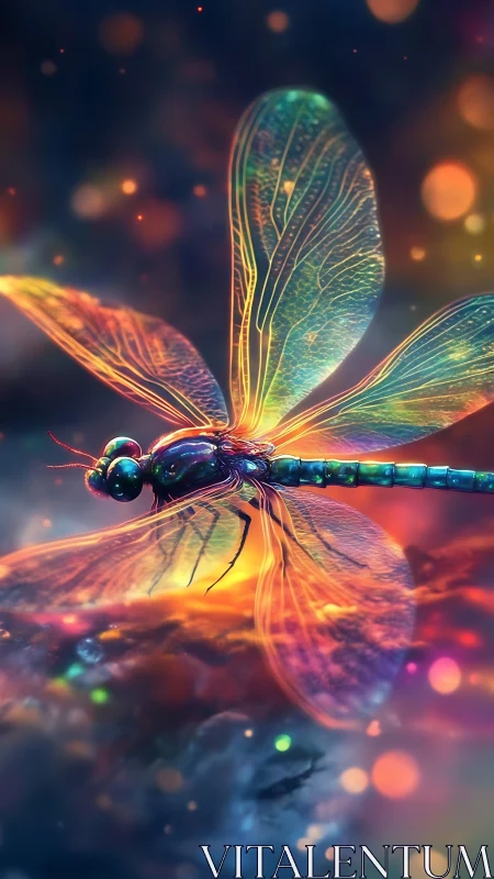 Iridescent dragonfly in multicolored atmospheric glow.