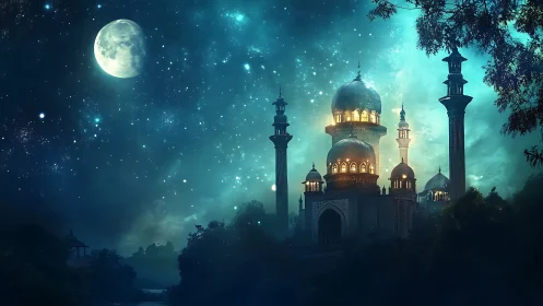 Illuminated domed palace under dense star field at night.