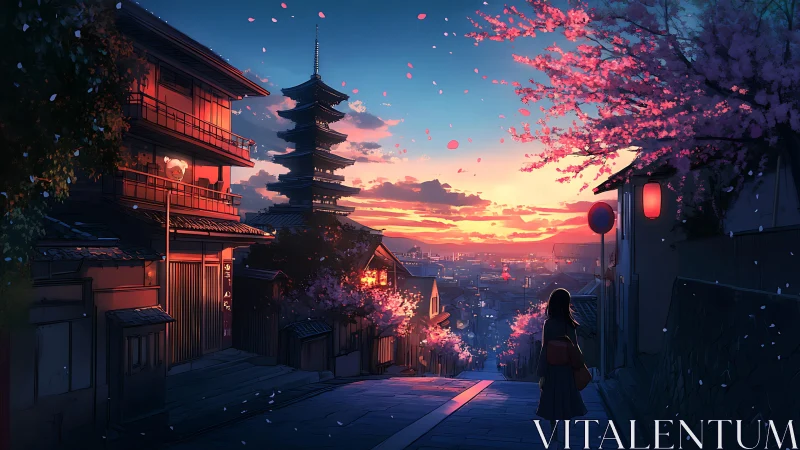 Twilight cherry blossoms drift above a lantern-lit Kyoto slope.