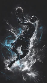 Electric midnight slam: soaring basketball energy burst.