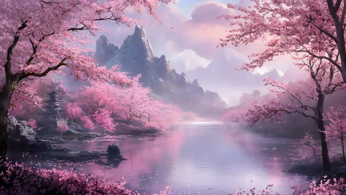 Serene cherry blossom valley with misted peaks and lake.
