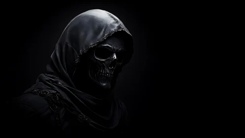 Hooded skeletal figure is rendered in low key side lighting.