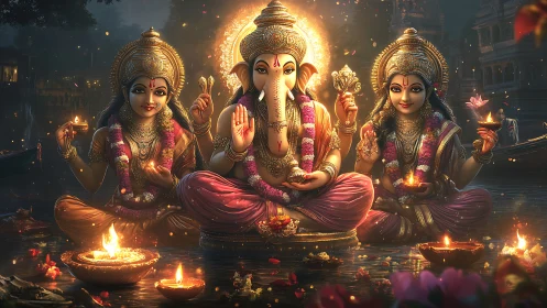 Radiant river trinity of Ganesha and goddesses in diya glow.