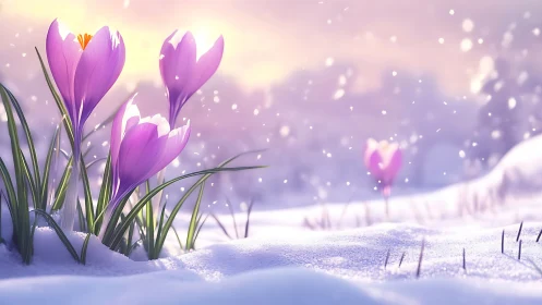 Winter's Purple Sentinels: Crocuses Break Through Snow's Veil
