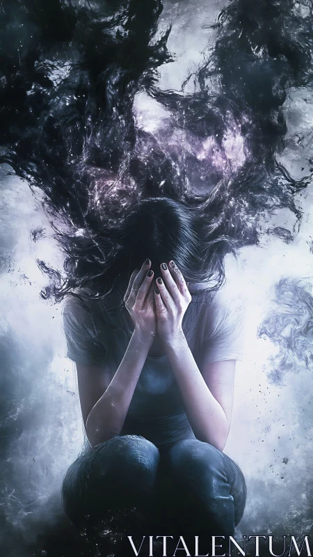 Crouching figure hides face while dark energy erupts upward